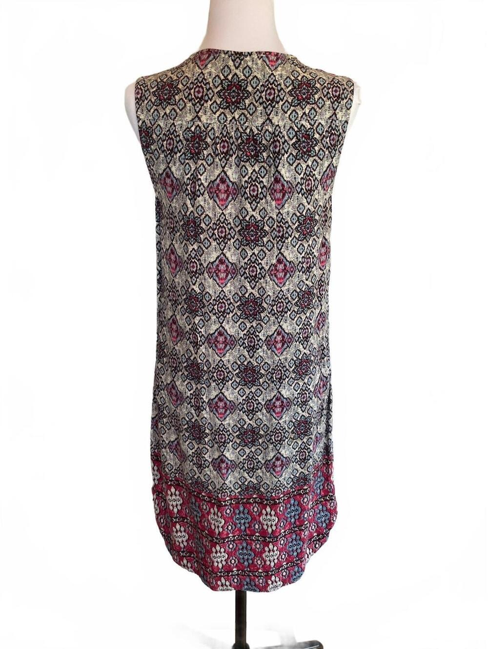 Cream Burgundy Print Shift Dress S Boho Chic Folk Tassel Festivalcore Resortwear - Picture 2 of 8